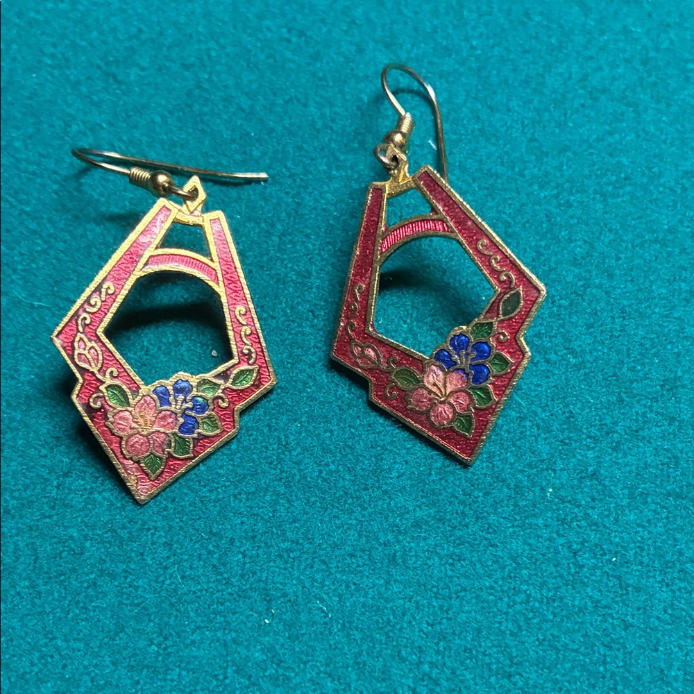 Elegant Cloisonné Floral Red and Gold Earrings
